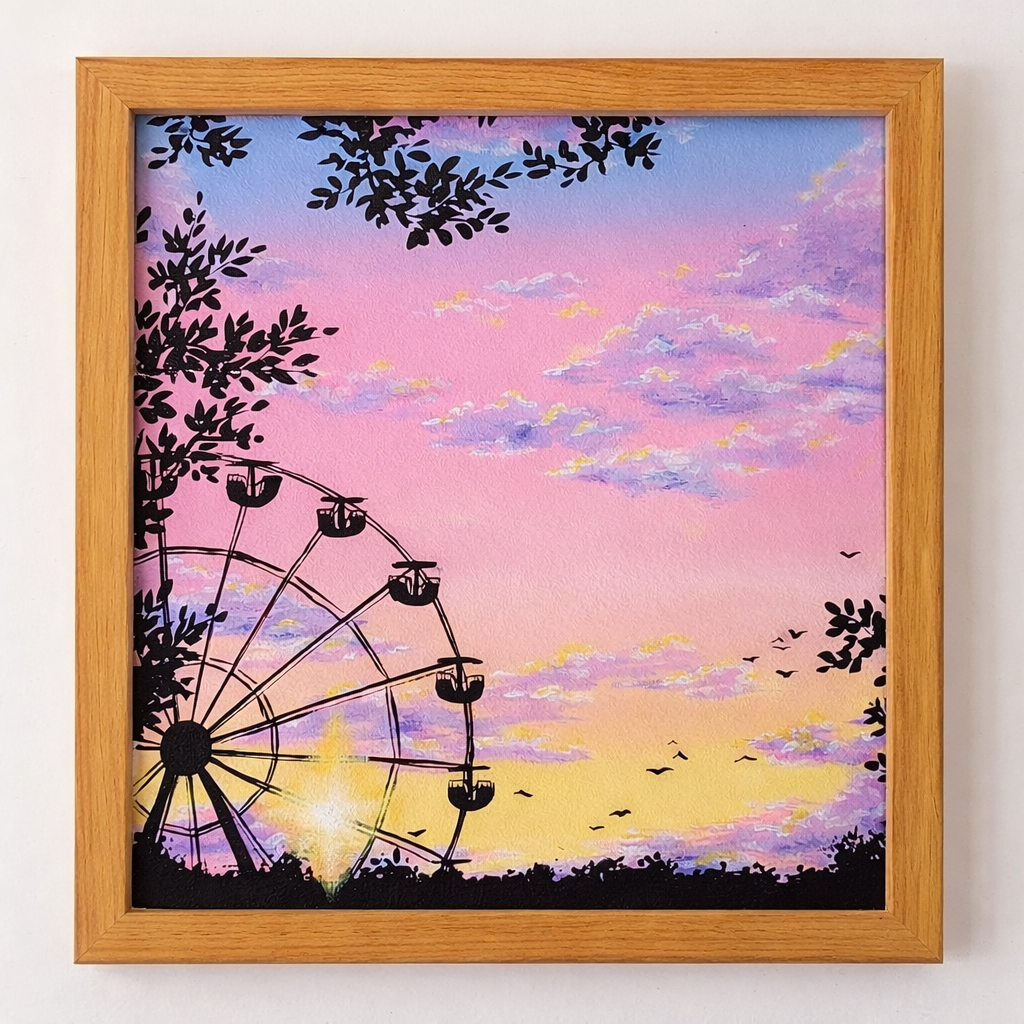 Hand-painted canvas of a giant wheel in layered, expressive brushwork