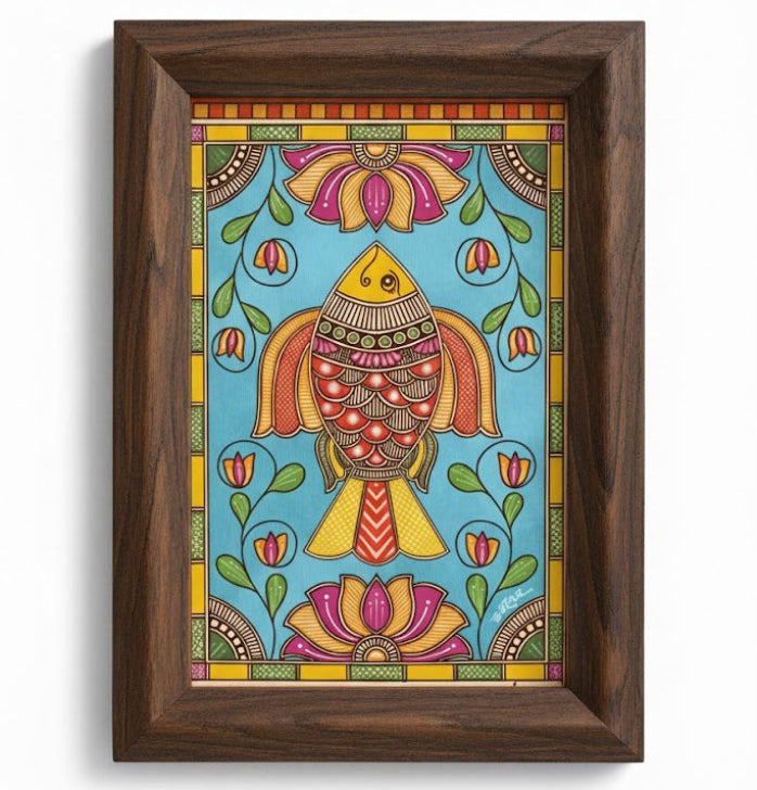 Madhubani fish painting with intricate geometric line work in vibrant colours