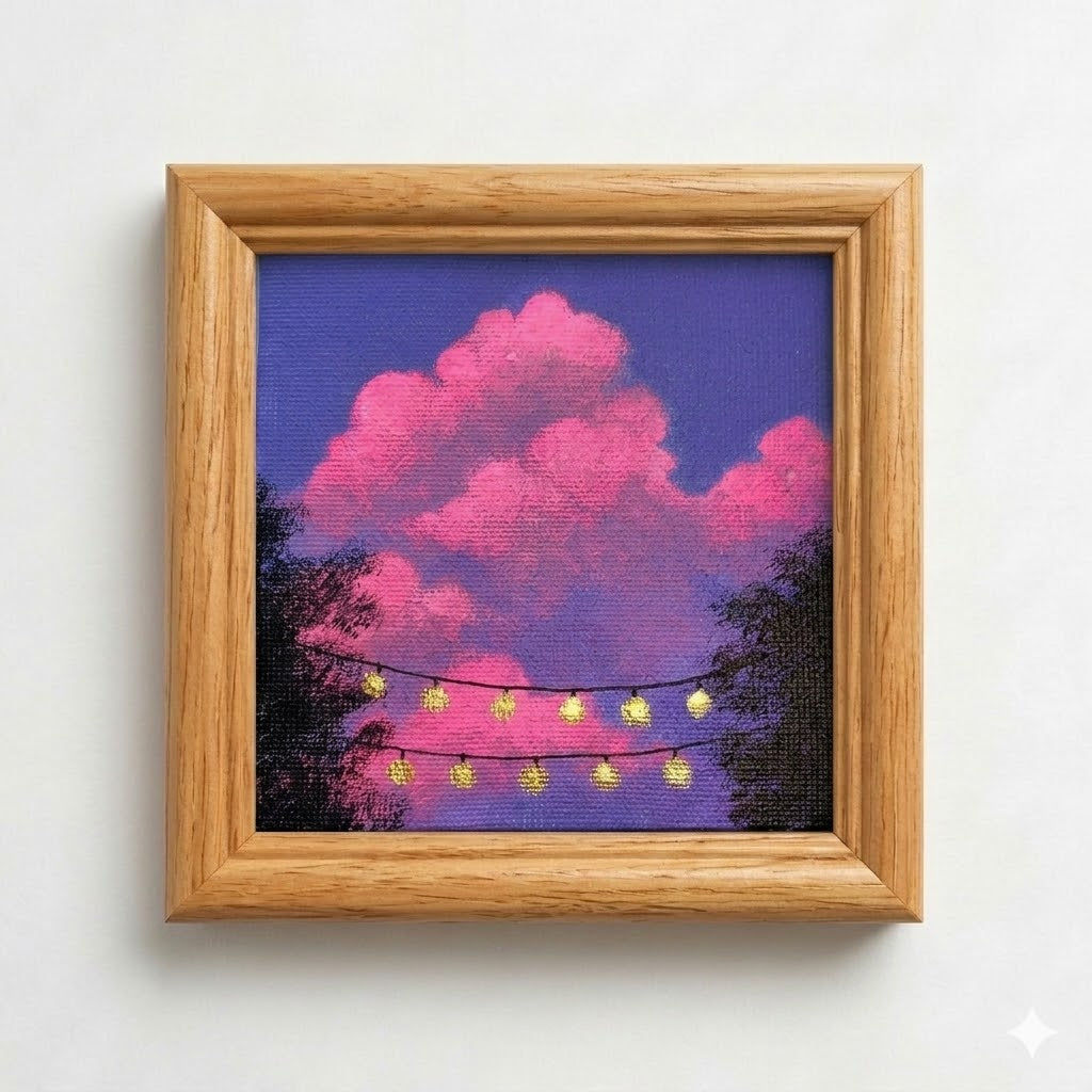 Acrylic painting of neon-pink clouds across a violet dusk sky