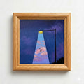Acrylic painting of a lone streetlamp blending night and day skies