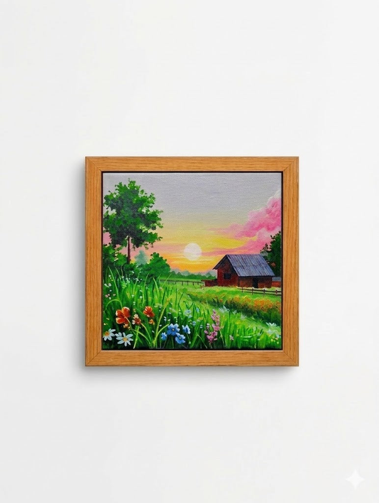 Miniature painting of a village evening surrounded by lush greenery