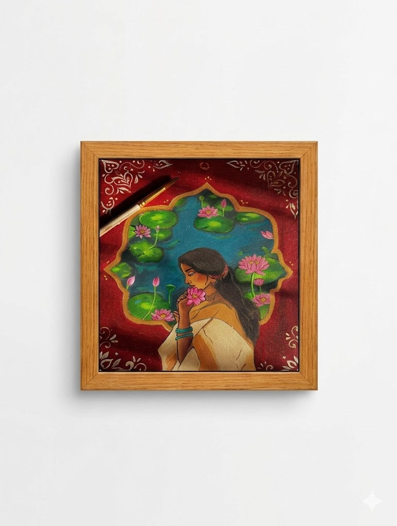 Indian miniature painting of a woman gazing from her window