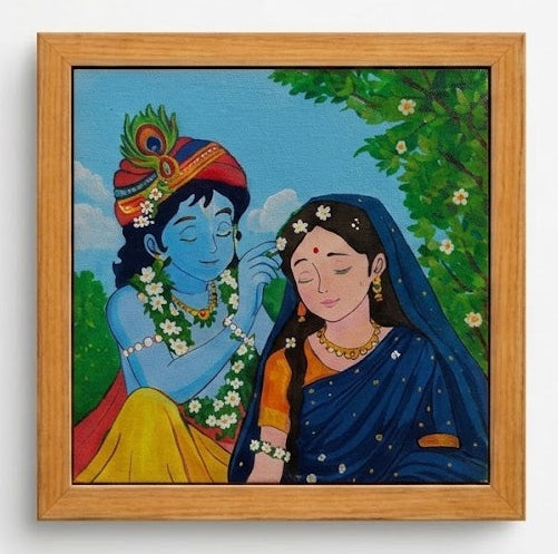 Miniature painting of Radha and Krishna dancing in traditional Indian style