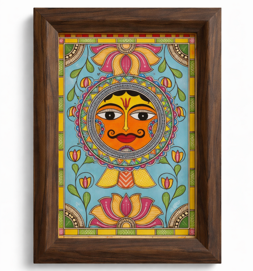 Hand-painted Madhubani painting of the Sun god in bold Mithila line patterns